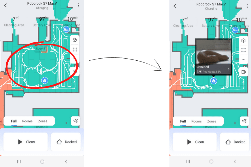 Roborock S7 MaxV распознал собачьи экскременты как препятствие и отметил их на карте квартиры.